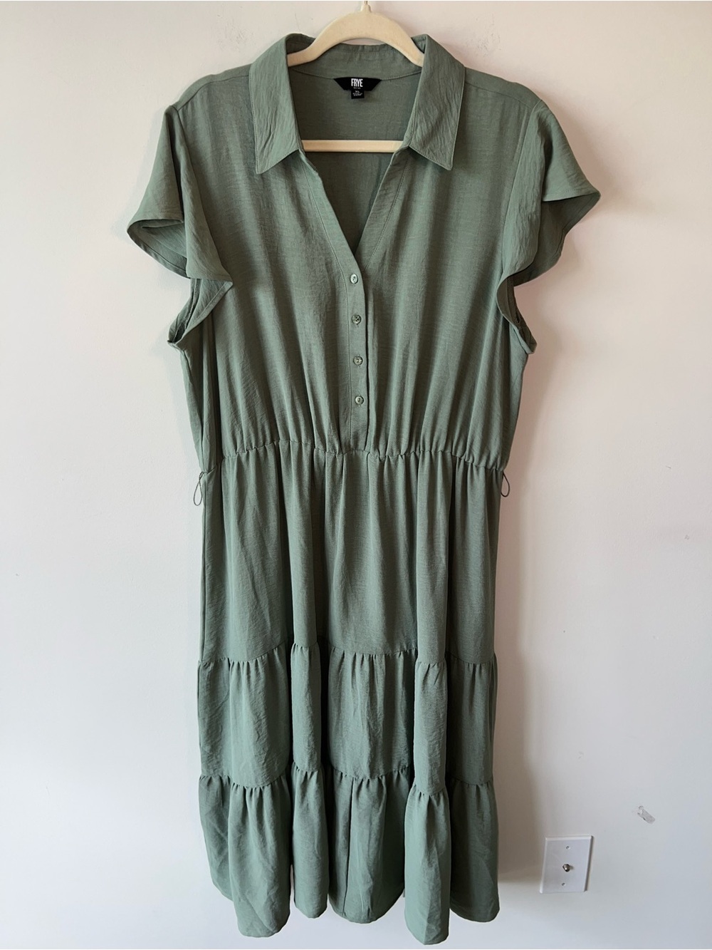 FRYE Olive Green Button-Front Tiered Midi Dress